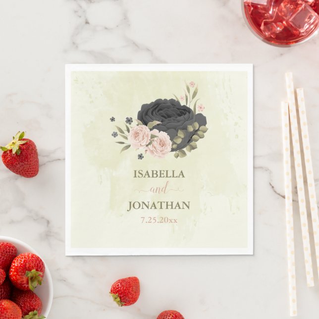 black blush pink flowers wedding napkin (Insitu)