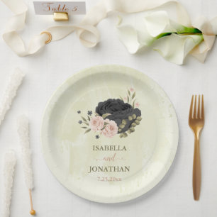 black blush pink flowers wedding paper plate