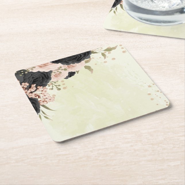 black blush pink flowers wedding square paper coaster (Angled)
