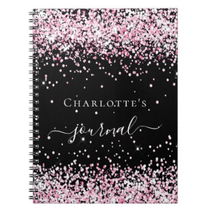 Black blush pink glitter name script journal