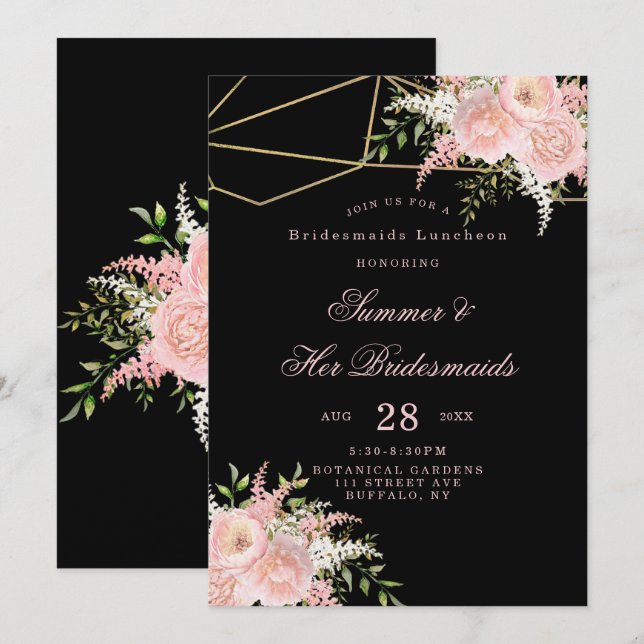 Black Blush Pink Gold Floral Bridesmaids Luncheon Invitation (Front/Back)