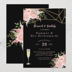 Black Blush Pink Gold Floral Brunch and Bubbly Invitation
