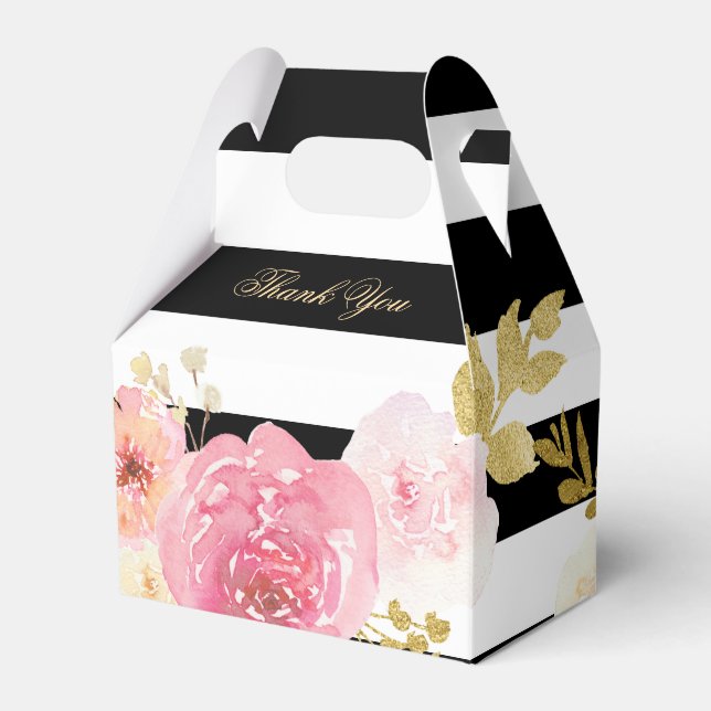 Black Blush Pink Gold Watercolor Floral Wedding Favour Box (Front Side)