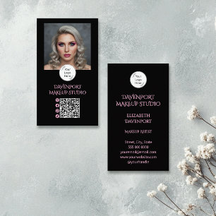 Black Blush Pink Logo QR Code Photo Makeup Business Card