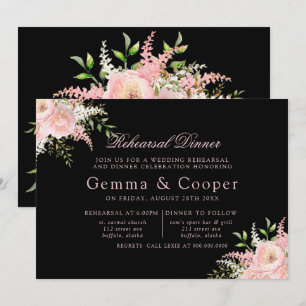 Black Blush Pink Painted Florals Rehearsal Dinner Invitation