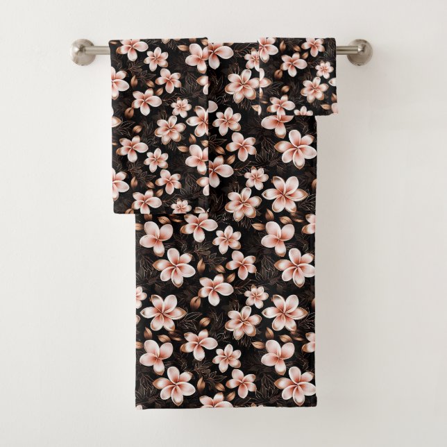 Black Blush Pink Rose Gold Floral Bath Towel Set (Insitu)