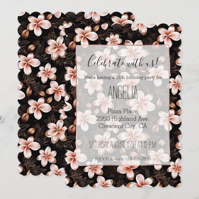 Black Blush Pink Rose Gold Floral Birthday Invitation (Front/Back)