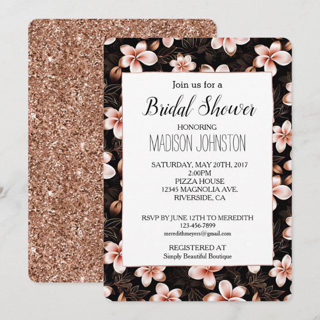 Black Blush Pink Rose Gold Floral Bridal Shower Invitation (Front/Back)