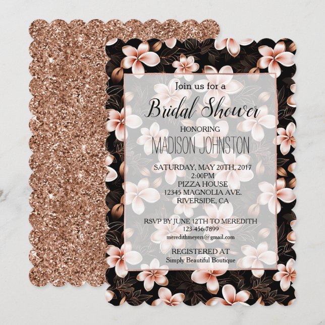 Black Blush Pink Rose Gold Floral Bridal Shower Invitation (Front/Back)