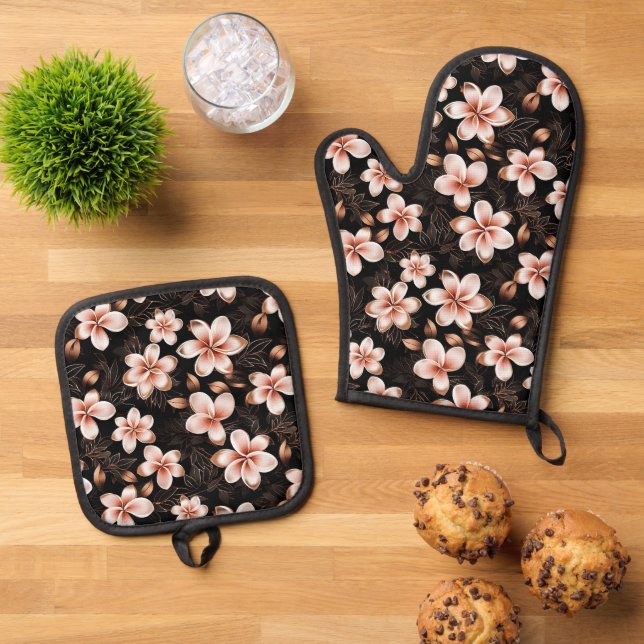 Black Blush Pink Rose Gold Floral Bridal Shower Oven Mitt & Pot Holder Set (Top Down)