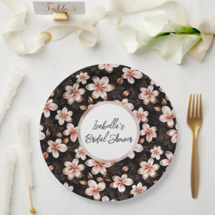 Black Blush Pink Rose Gold Floral Bridal Shower Paper Plate