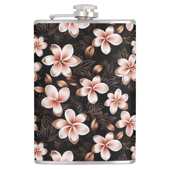 Black Blush Pink Rose Gold Floral Hip Flask (Front)