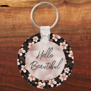 Black Blush Pink Rose Gold Floral Key Ring