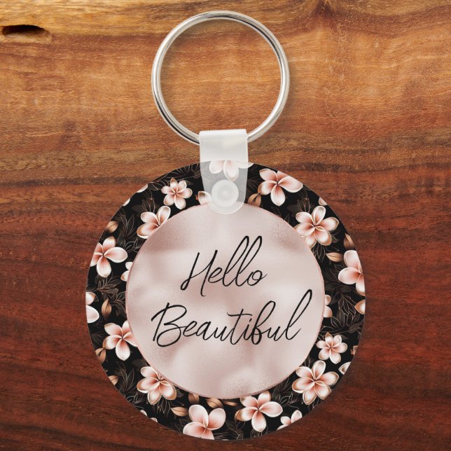 Black Blush Pink Rose Gold Floral Key Ring (Front)