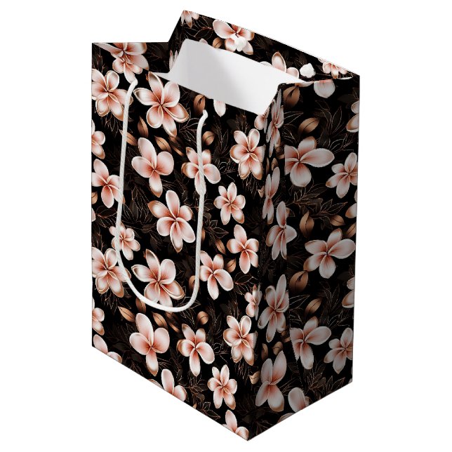 Black Blush Pink Rose Gold Floral Medium Gift Bag (Front Angled)