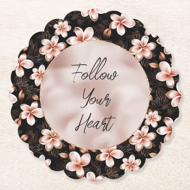 Black Blush Pink Rose Gold Floral Paper Coaster (Front)