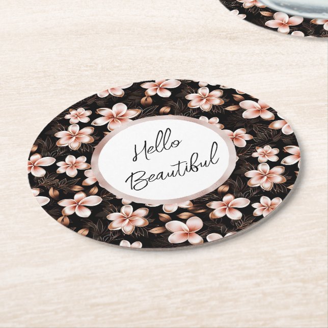 Black Blush Pink Rose Gold Floral Personalised Round Paper Coaster (Angled)