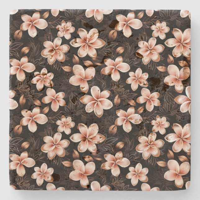 Black Blush Pink Rose Gold Floral Stone Coaster (Front)