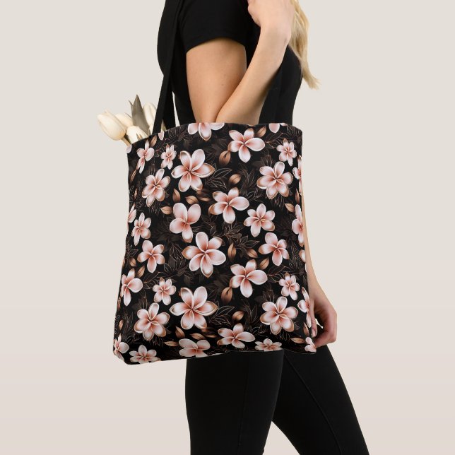 Black Blush Pink Rose Gold Floral Tote Bag (Close Up)