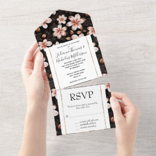 Black Blush Pink Rose Gold Floral Wedding All In One Invitation