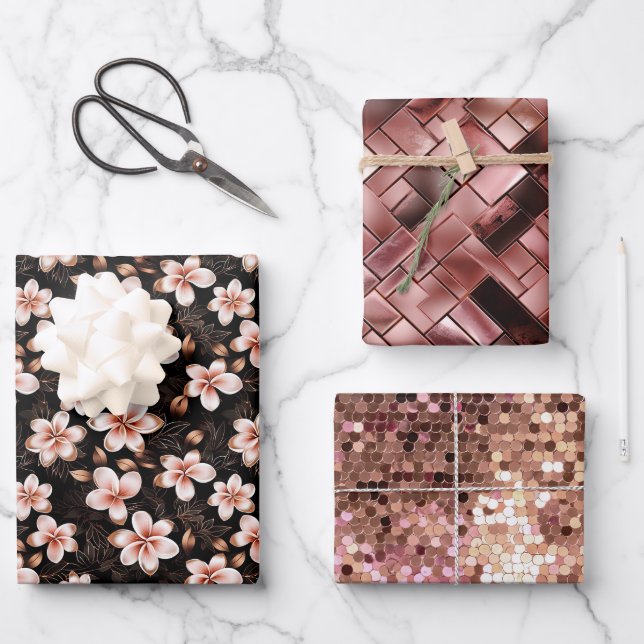 Black Blush Pink Rose Gold Floral Wrapping Paper Sheet (Front)