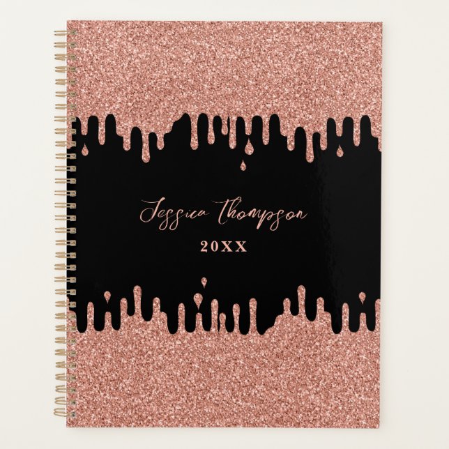 Black & Blush Pink Rose Gold Glitter Drips Planner (Front)