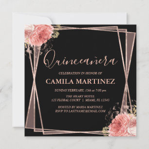 Black Blush Pink Rose Gold Quinceanera Party Invitation