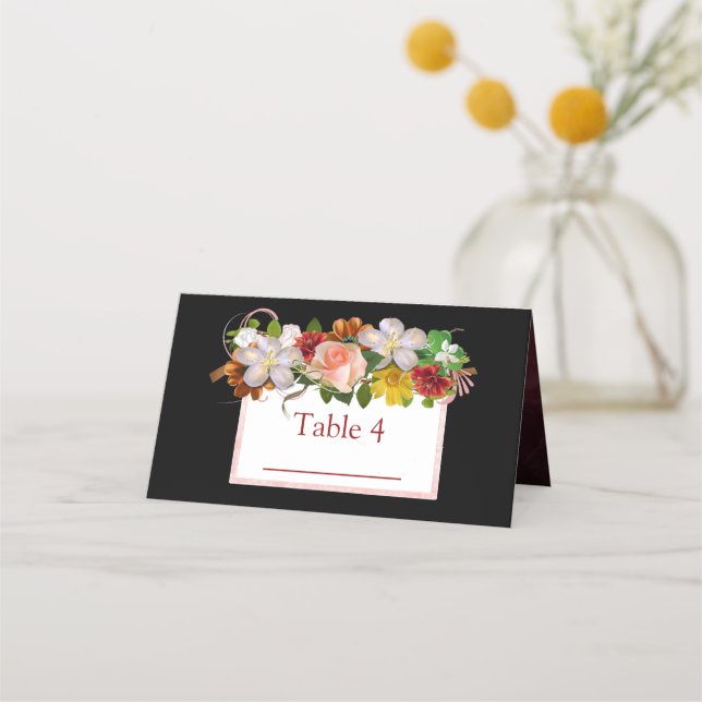 Black Blush Pink Rose Gold Rose Bouquet Table Card (Front)