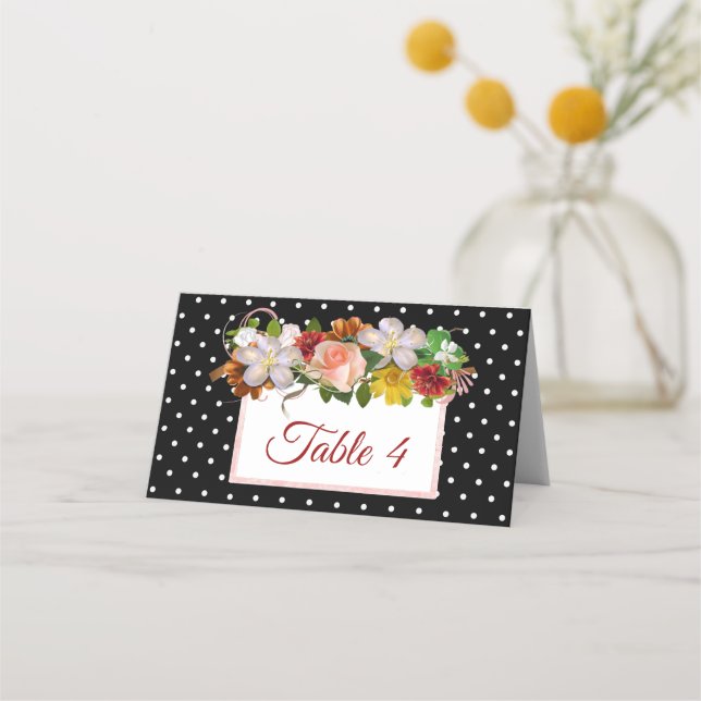 Black Blush Pink Rose Gold Rose Bouquet Table Card (Front)