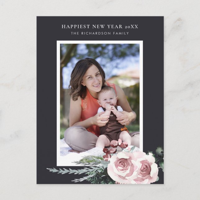 BLACK BLUSH PINK ROSE HOLLY BERRY NEW YEAR PHOTO POSTCARD (Front)
