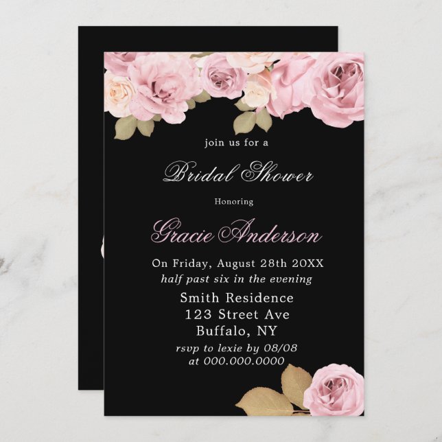 Black Blush Pink Roses Bridal Shower Invitation (Front/Back)
