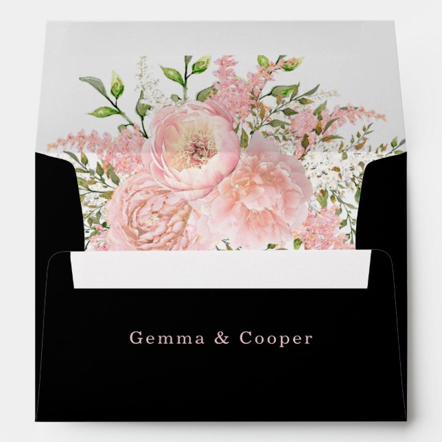 Black Blush Pink Watercolor Floral Wedding Custom Envelope (Back (Bottom))