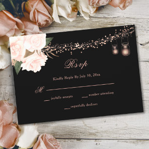 Black & Blush Rose Floral String Lights Wedding RSVP Card