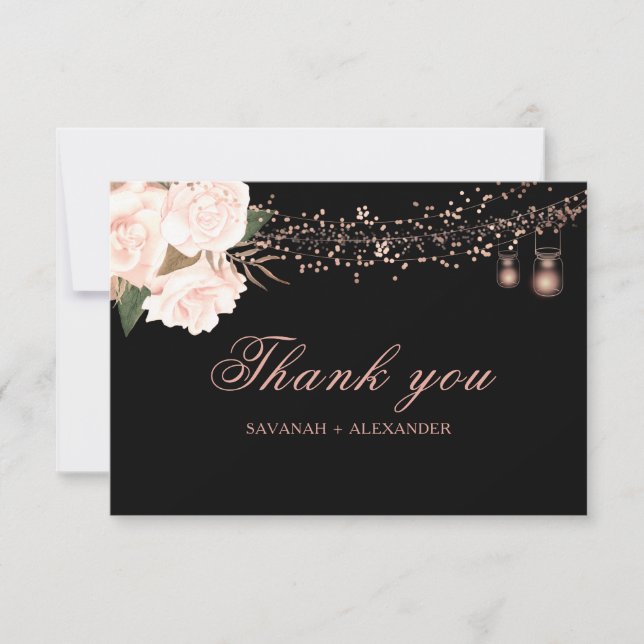 Black Blush Rose Floral String Lights Wedding Thank You Card (Front)