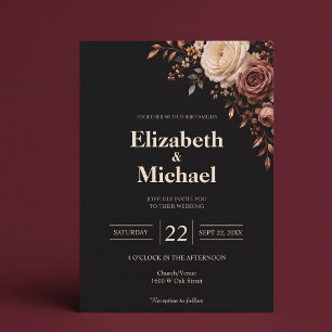 Black Blush Rose Floral Wedding Invitation