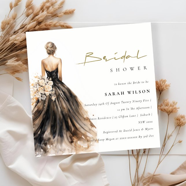 Black Blush Watercolor Wedding Gown Bridal Shower Invitation (Creator Uploaded)