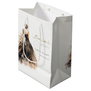 Black Blush Watercolor Wedding Gown Bridal Shower Medium Gift Bag