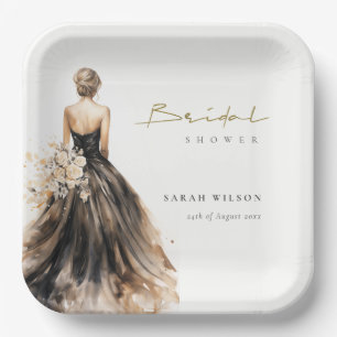 Black Blush Watercolor Wedding Gown Bridal Shower Paper Plate