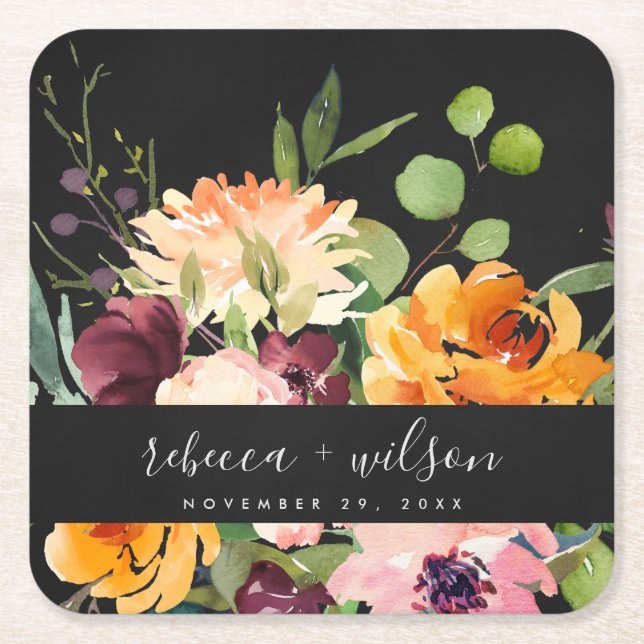 BLACK BLUSH YELLOW ORANGE FLORAL BUNCH WEDDING SQUARE PAPER COASTER (Front)