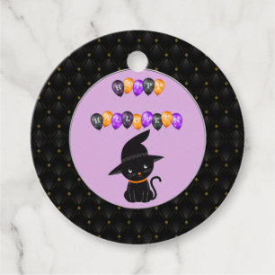 Black Boarder Black Cat Happy Halloween Balloons Favour Tags