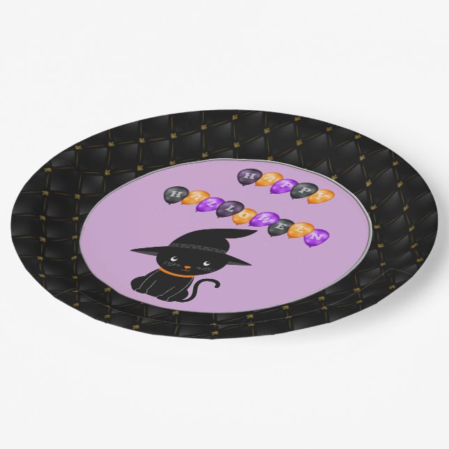 Black Boarder Black Cat Happy Halloween Balloons Paper Plate (Angled)