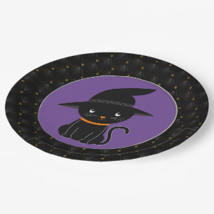 Black Boarder Black Cat With A Witch Hat Halloween Paper Plate