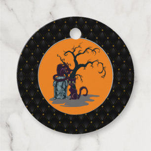 Black Boarder Black Cats Tombstone Tree Halloween Favour Tags