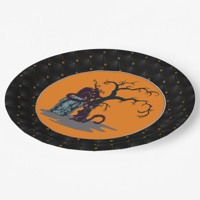 Black Boarder Black Cats Tombstone Tree Halloween Paper Plate (Angled)