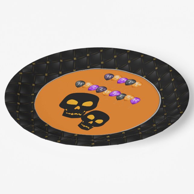 Black Boarder Black Skull Happy Halloween Balloons Paper Plate (Angled)