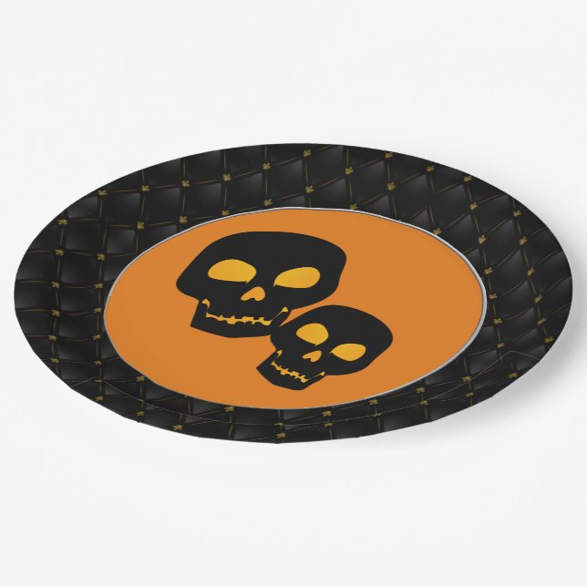 Black Boarder Black Skulls Halloween Paper Plate (Angled)
