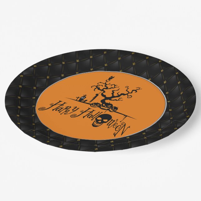 Black Boarder Happy Halloween Grave Yard Paper Plate (Angled)
