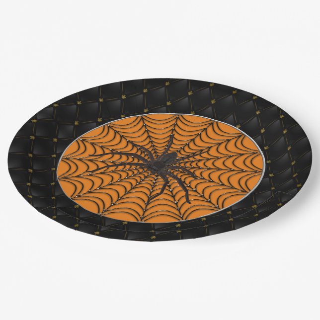 Black Boarder Spider Web Black Spider Halloween Paper Plate (Angled)