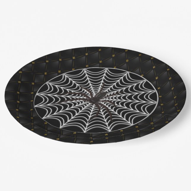 Black Boarder White Spider Web And Black Spider Paper Plate (Angled)