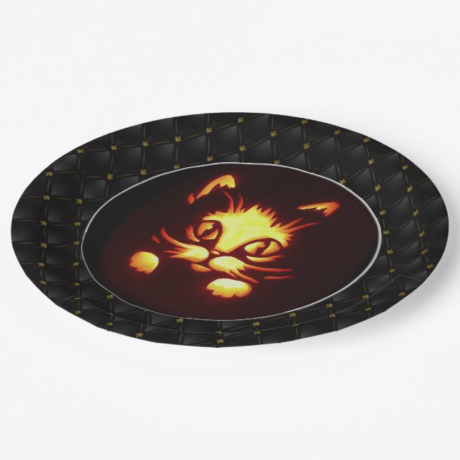Black Boarder Yellow Orange Glowing Halloween Cat Paper Plate (Angled)